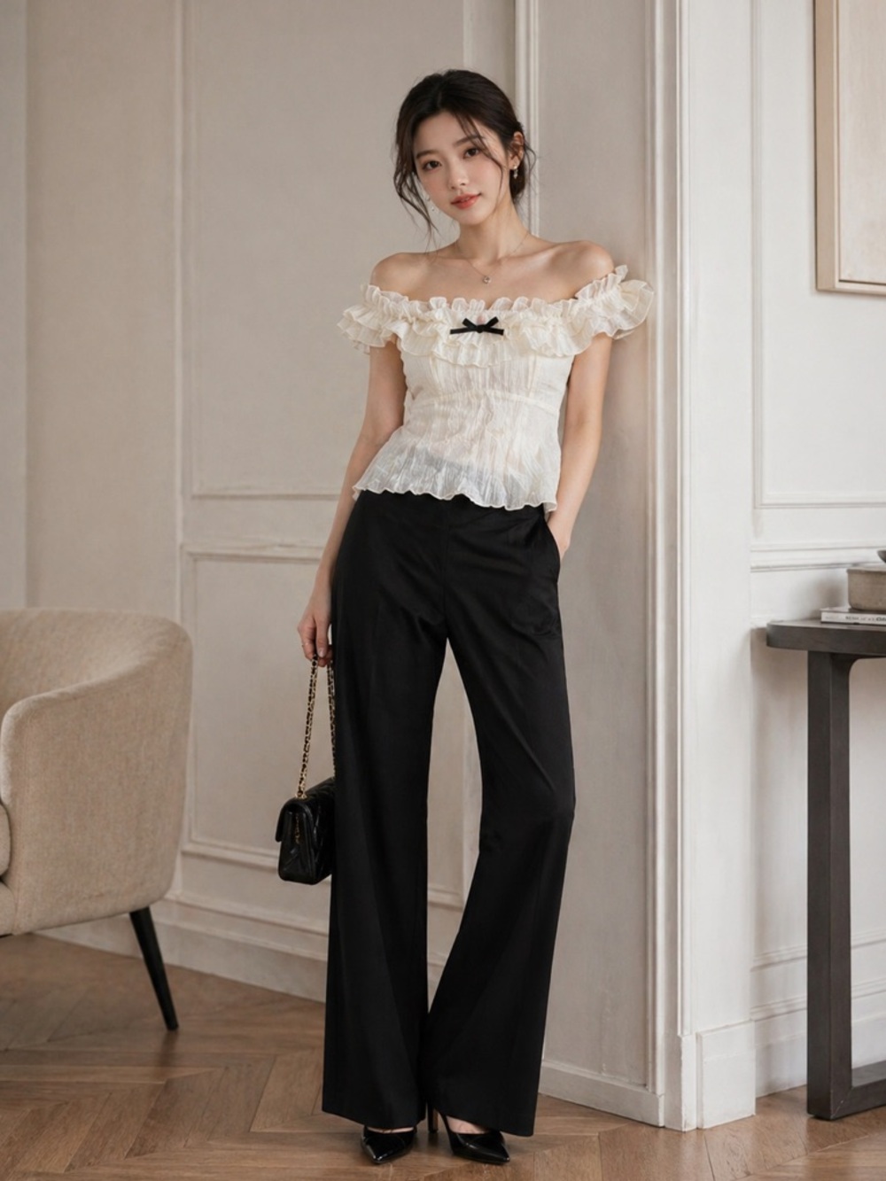 Peach Ruffle Off Shoulder Peplum Bow Coquette Romantic Blouse Womens Small Cream